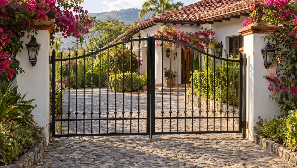 Portón abatible clásico de hierro negro en casa de estilo colonial con buganvilias